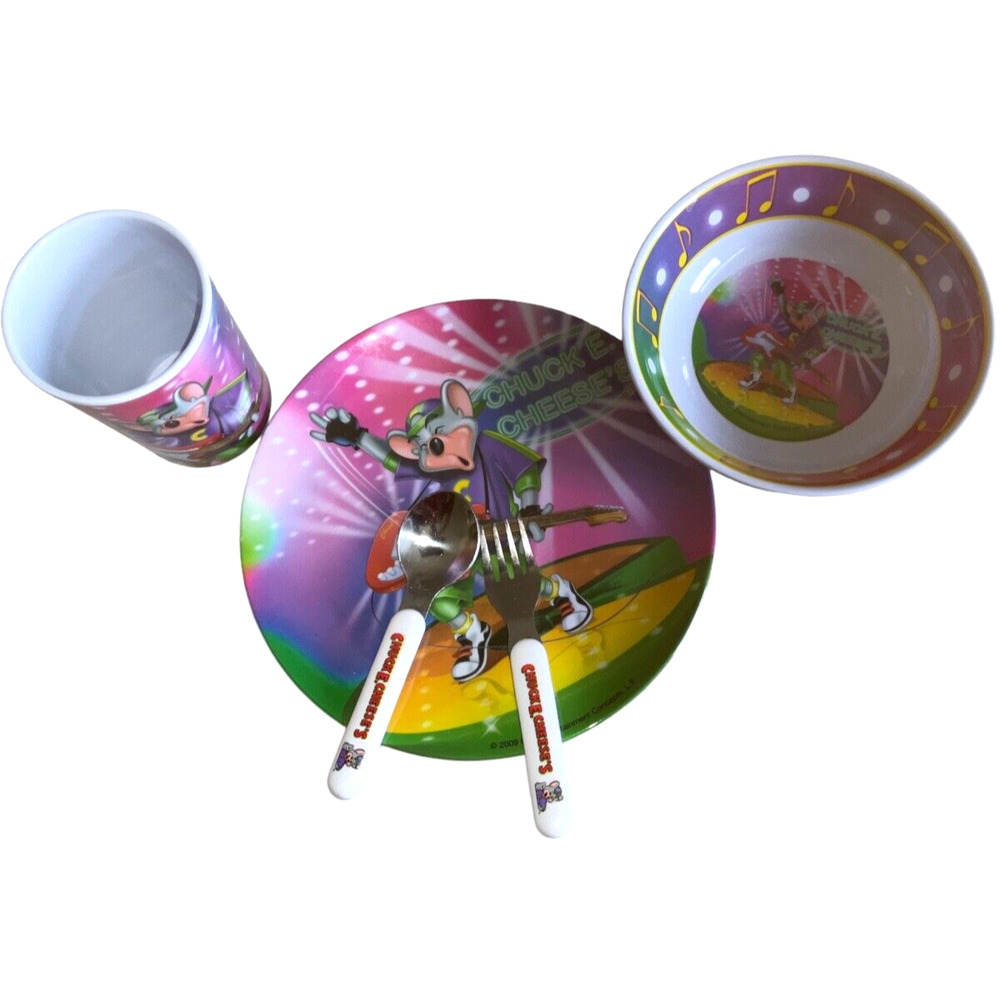 RARE! 2009 Chuck E Cheese Melamine Bowl, Plate, Cup, Fork, & Spoon Set with bag
